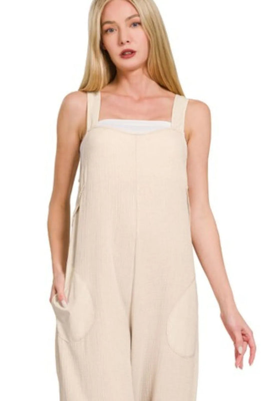 Double Gauze Washed Wide Leg Beige Overalls - Tigbul's Variety Fashion Shop