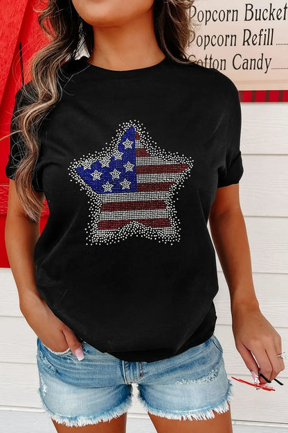 Star Round Neck Short Sleeve Black T-Shirt - Tigbul's Variety Fashion Shop