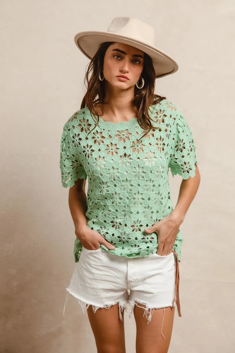 BiBi Openwork Crochet Short Sleeve Knit Top - Tigbul's Variety Fashion Shop