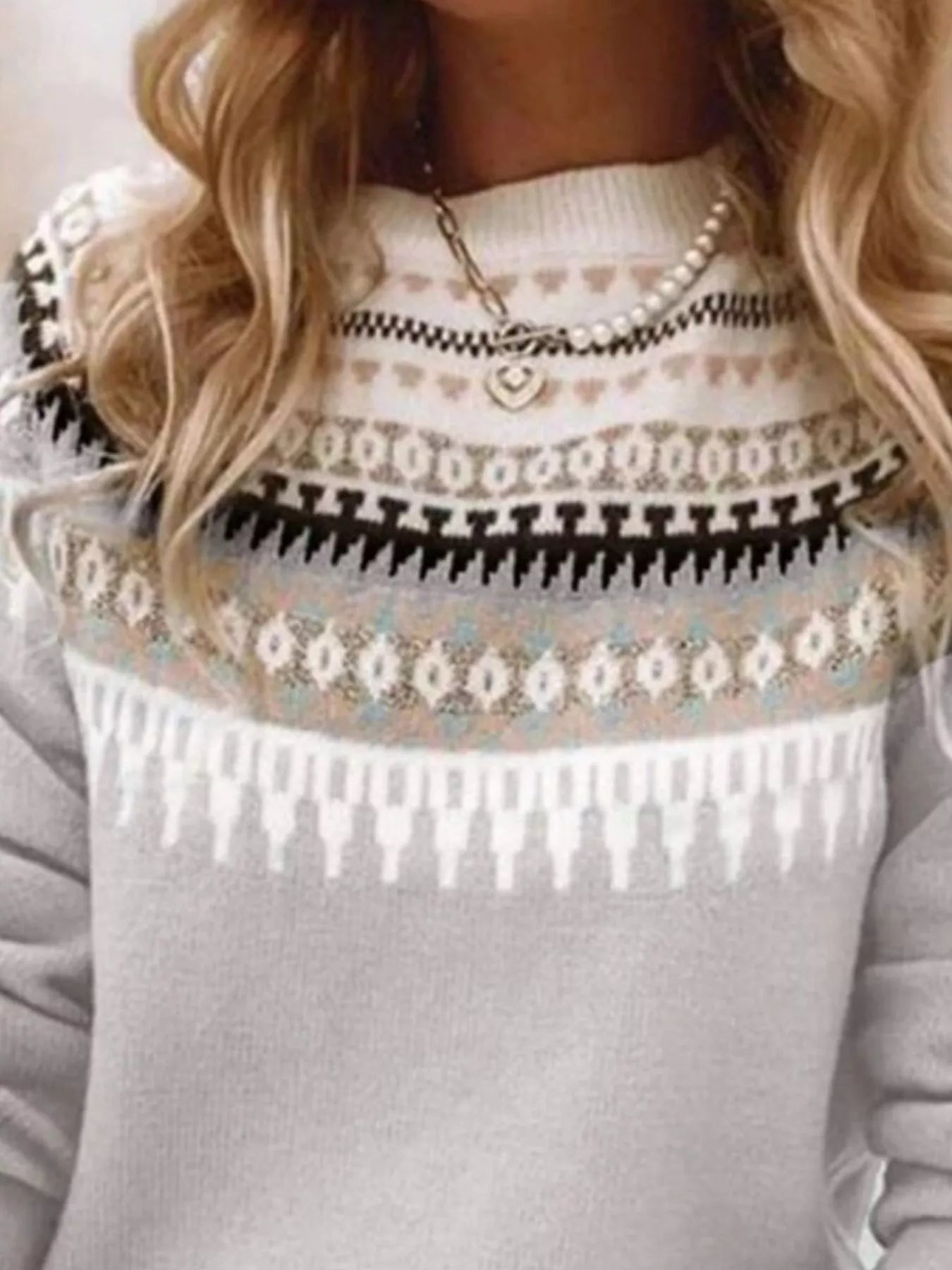 Full Size Vintage Patterned Round Neck Sweater Plus Size - Tigbul's Variety Fashion Shop