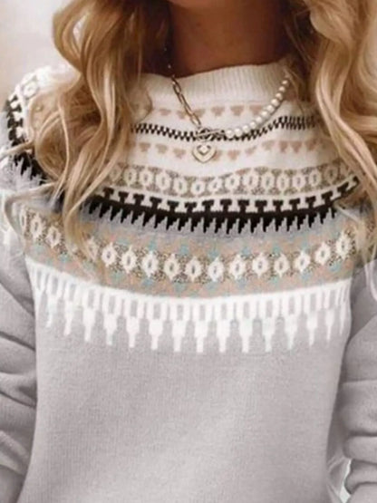 Full Size Vintage Patterned Round Neck Sweater Plus Size - Tigbul's Variety Fashion Shop