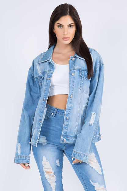 American Bazi Full Size Painted Back Distressed Denim Jacket - Tigbul's Variety Fashion Shop