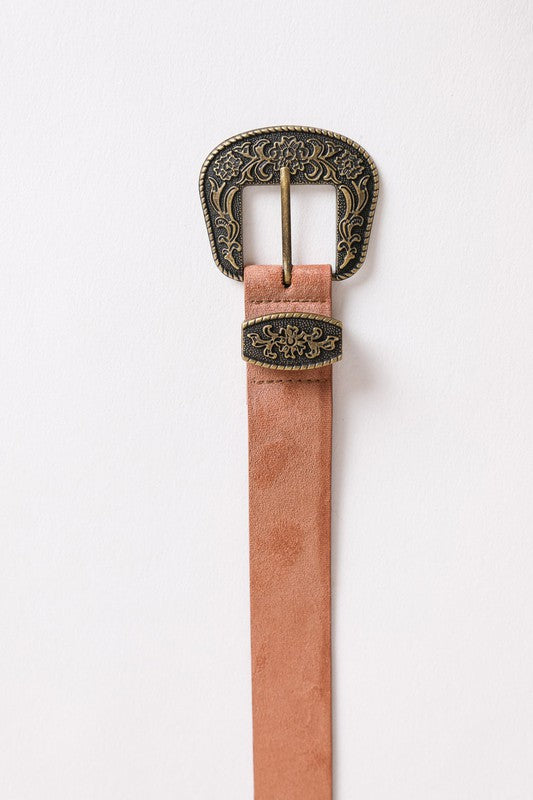 Suede Antique Gold Western Buckle Belt - Tigbul's Variety Fashion Shop