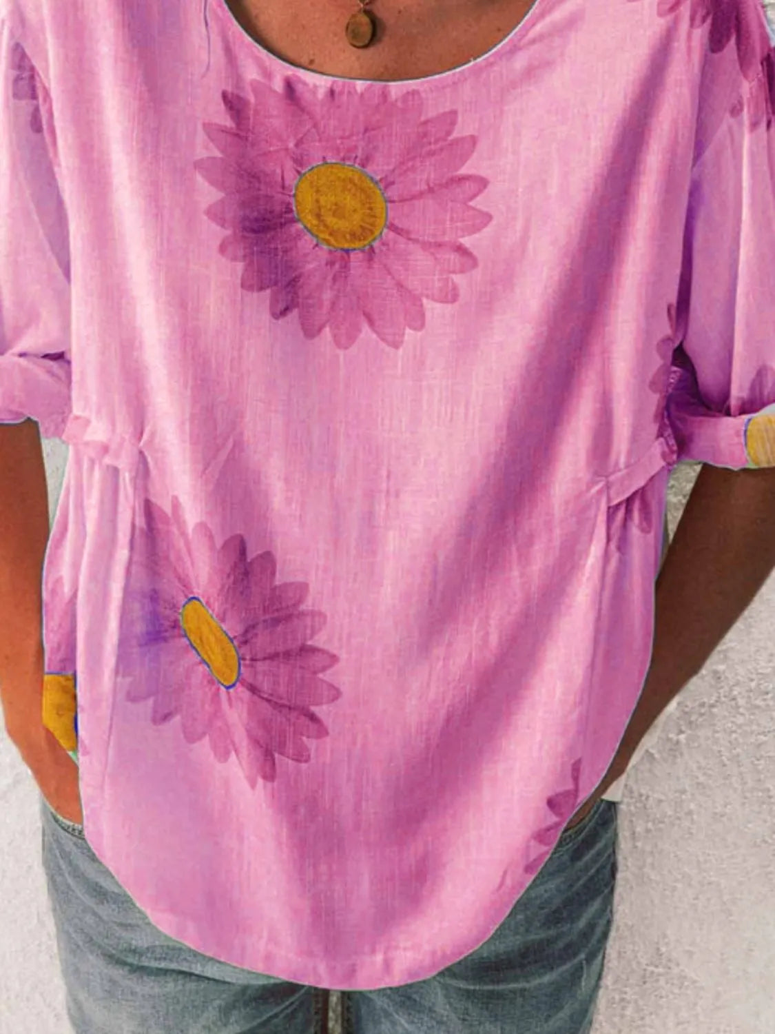 Full Size Flower Round Neck Half Sleeve T-Shirt Plus Size - Tigbul's Variety Fashion Shop