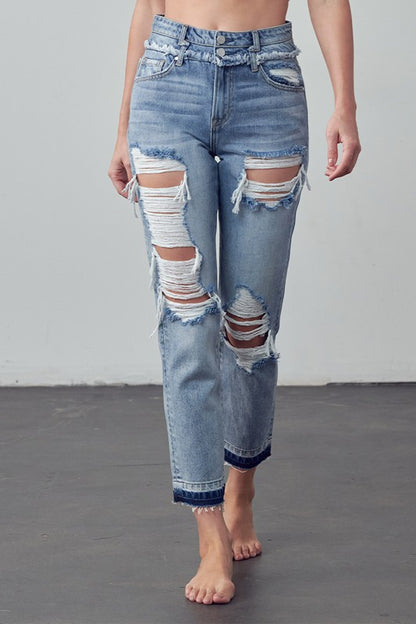 High Rise Double Waistband Released Hem Jeans - Tigbuls Variety Fashion