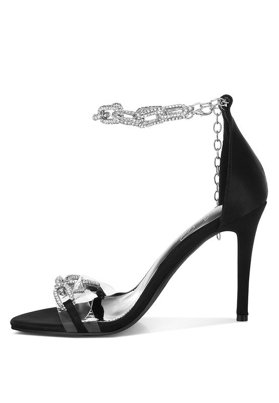 Black stiletto sandal with clear rhinestone ankle strap and chain link back
