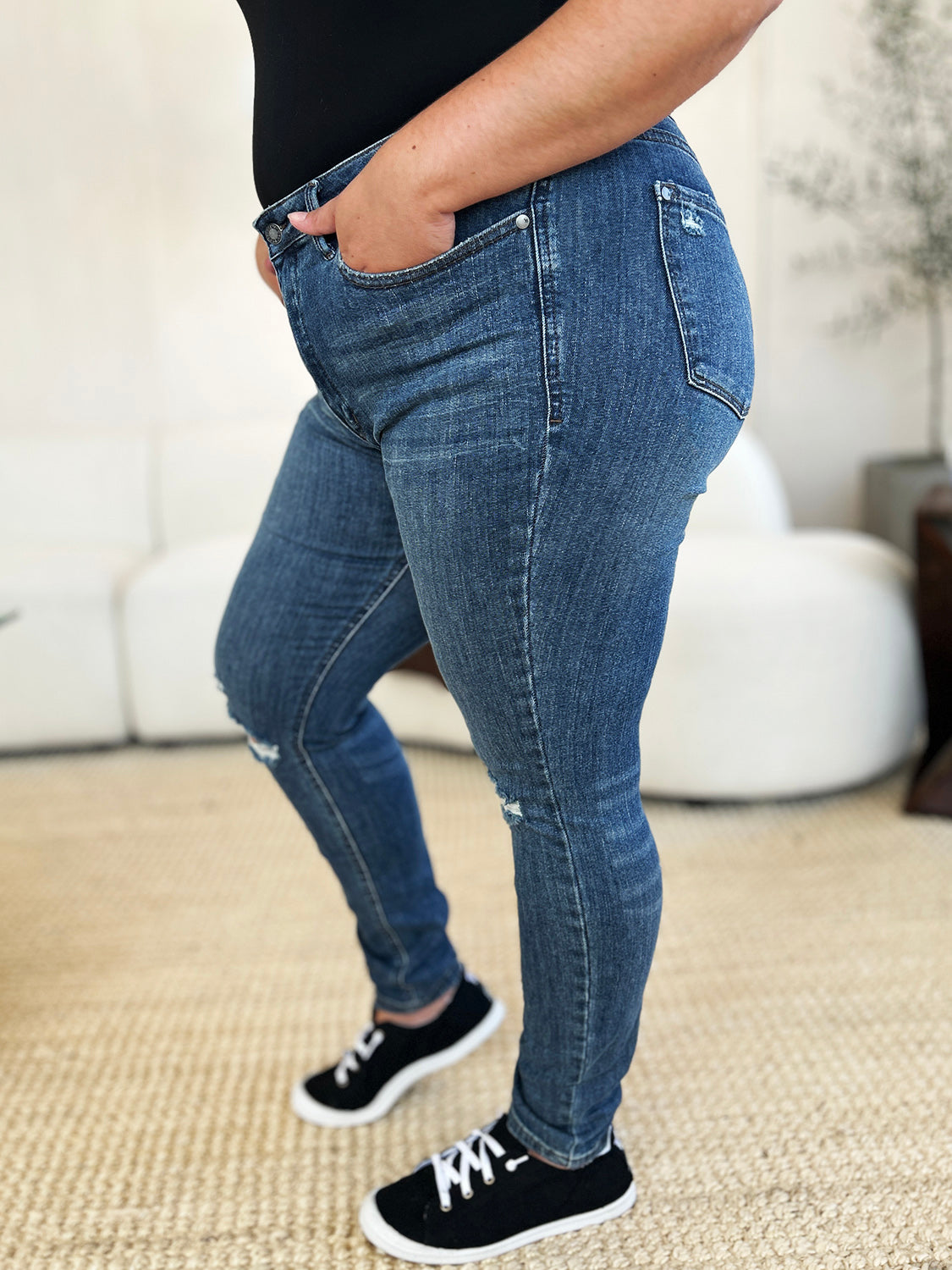 Judy Blue Full Size Mid Waist Distressed Slim Jeans - Tigbul's Variety Fashion Shop