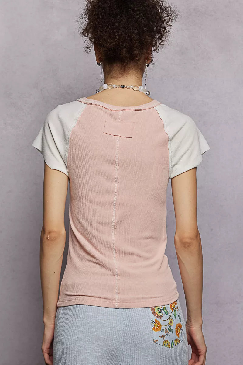 POL Round Neck Outseam Detail T-Shirt with Contrast Color Sleeves - Tigbul's Variety Fashion Shop