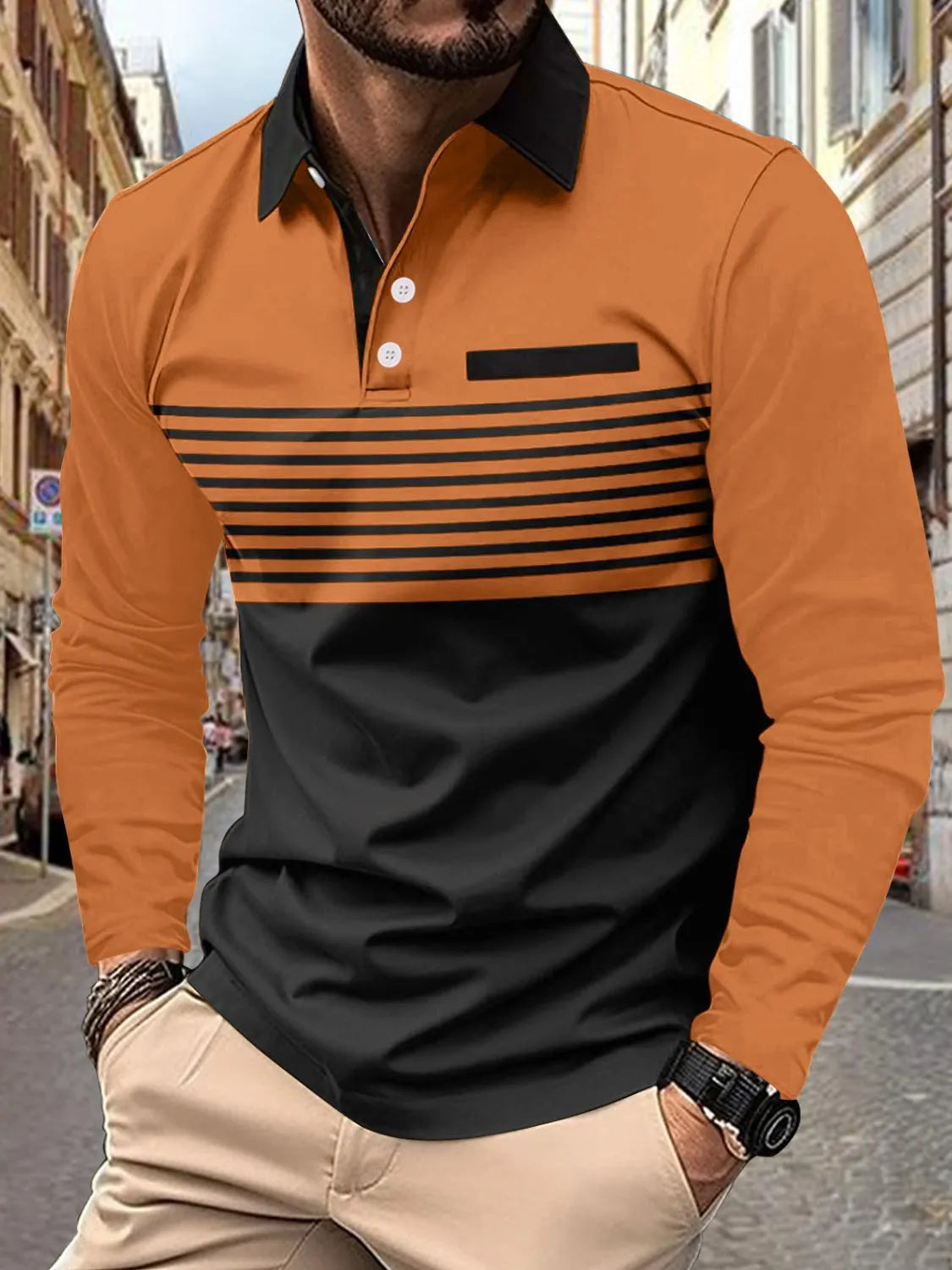 Men's Collared Neck Long Sleeve Striped Polo - Tigbul's Variety Fashion Shop