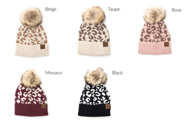 Leopard Fur Pom Beanie color options: Beige, Taupe, Rose, Monaco, Black
