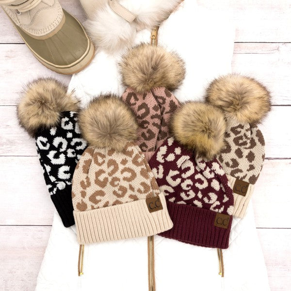 Leopard Fur Pom Beanie set, assorted knit colors with faux-fur pom toppers