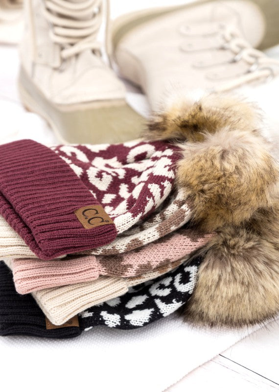 Leopard Fur Pom Beanie close-up, assorted colors with leopard knit and fur pom