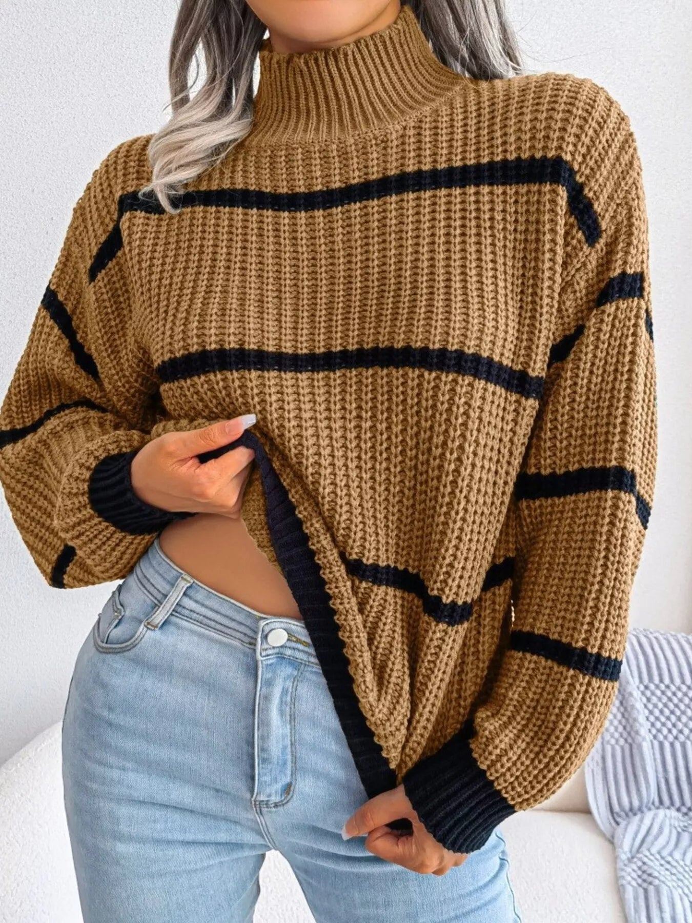 Full Size Striped Mock Neck Knit Sweater Plus Size - Tigbul's Variety Fashion Shop