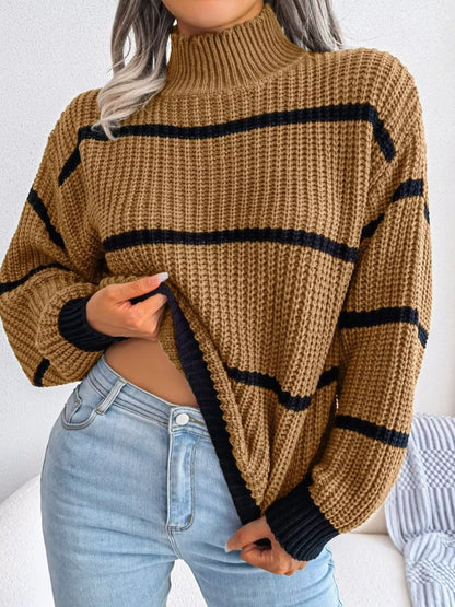 Full Size Striped Mock Neck Knit Sweater Plus Size - Tigbul's Variety Fashion Shop