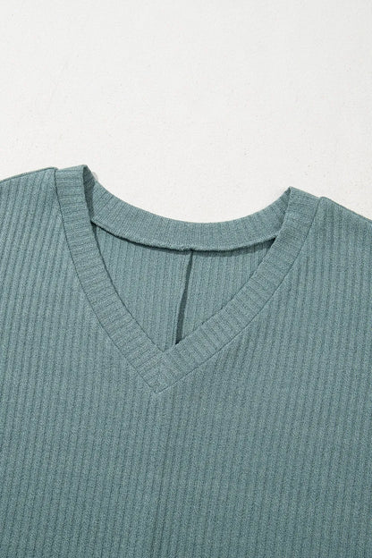 Blue Oversized Ribbed Knit V Neck Dolman Short Sleeve Top - Tigbul's Variety Fashion Shop