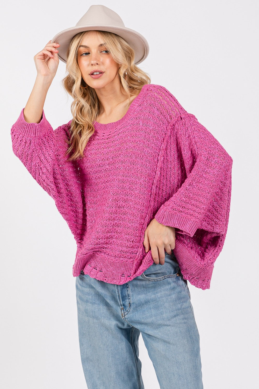 SAGE + FIG Distressed Asymmetrical Open Stitch Sweater - Tigbul's Variety Fashion Shop