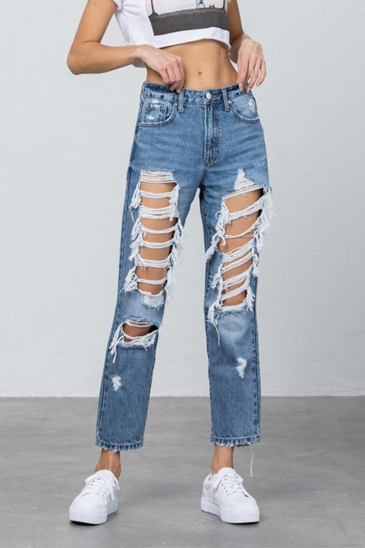 High Rise Heavy Destroyed Mom Jeans - Tigbul's Variety Fashion Shop