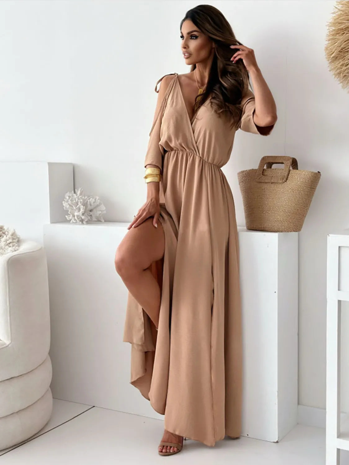 Tied Shoulder Slit Maxi Dress - Tigbul's Variety Fashion Shop