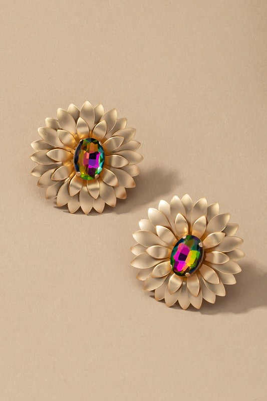 metal flower earrings with gem stone - Tigbul's Variety Fashion Shop