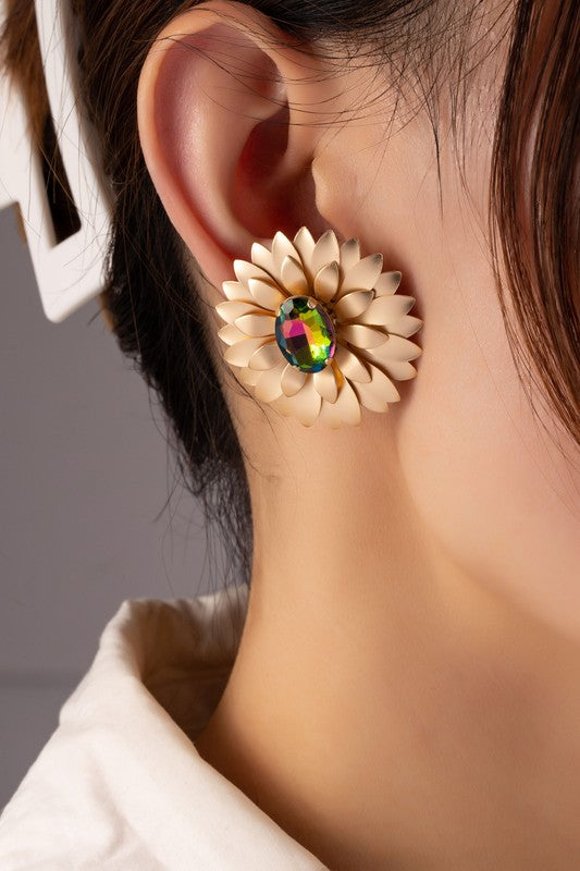 metal flower earrings with gem stone - Tigbul's Variety Fashion Shop