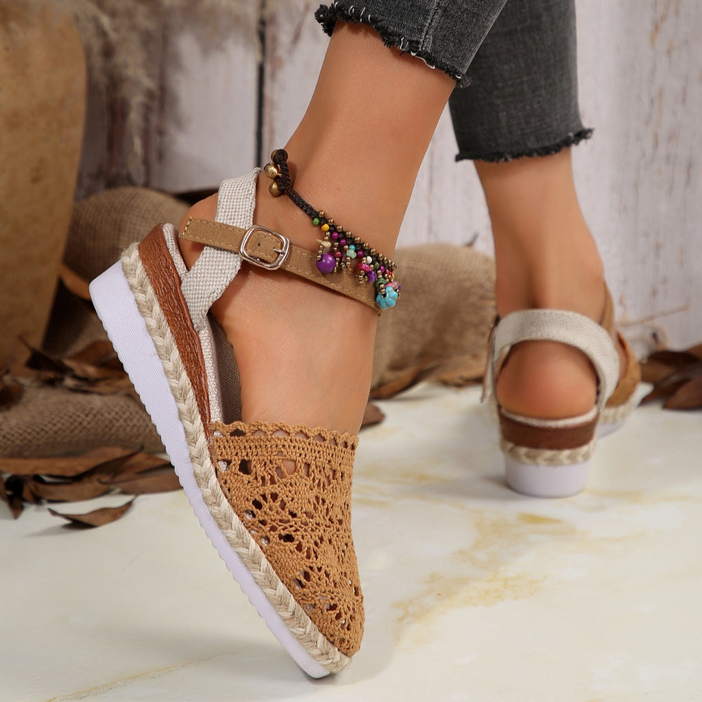 Brown and ivory two-tone ankle strap espadrille with buckle and braided sole