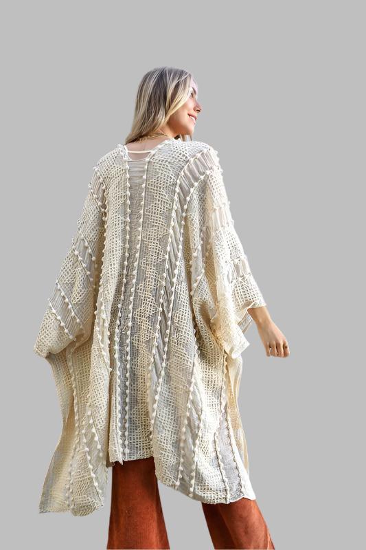 Embroidered Zig Zag Soft Kimono with Pom Poms - Tigbul's Variety Fashion Shop