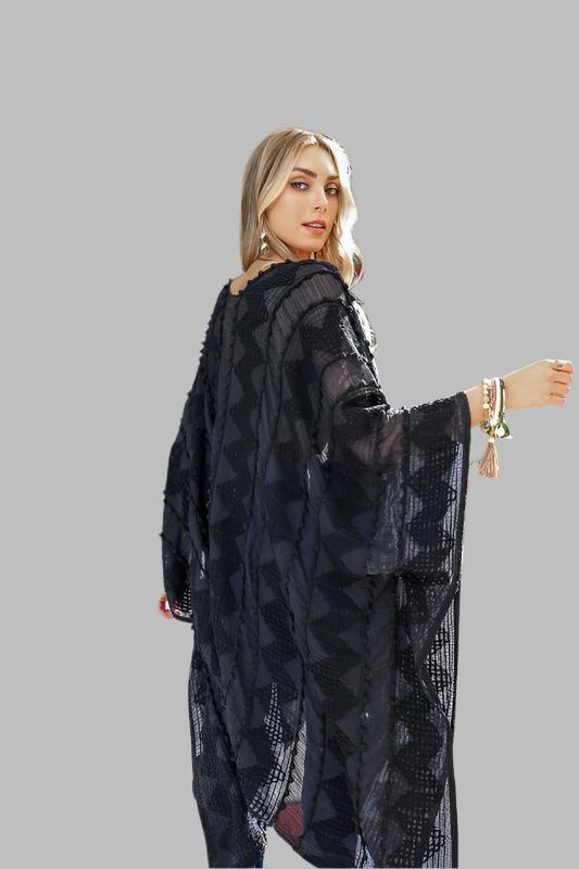 Embroidered Zig Zag Soft Kimono with Pom Poms - Tigbul's Variety Fashion Shop