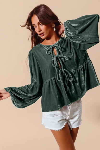 SO ME Spaghetti Strap Front Tie Velvet Holiday Blouse - Tigbul's Variety Fashion Shop