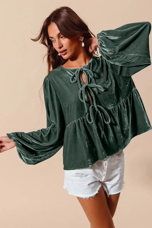 SO ME Spaghetti Strap Front Tie Velvet Holiday Blouse - Tigbul's Variety Fashion Shop