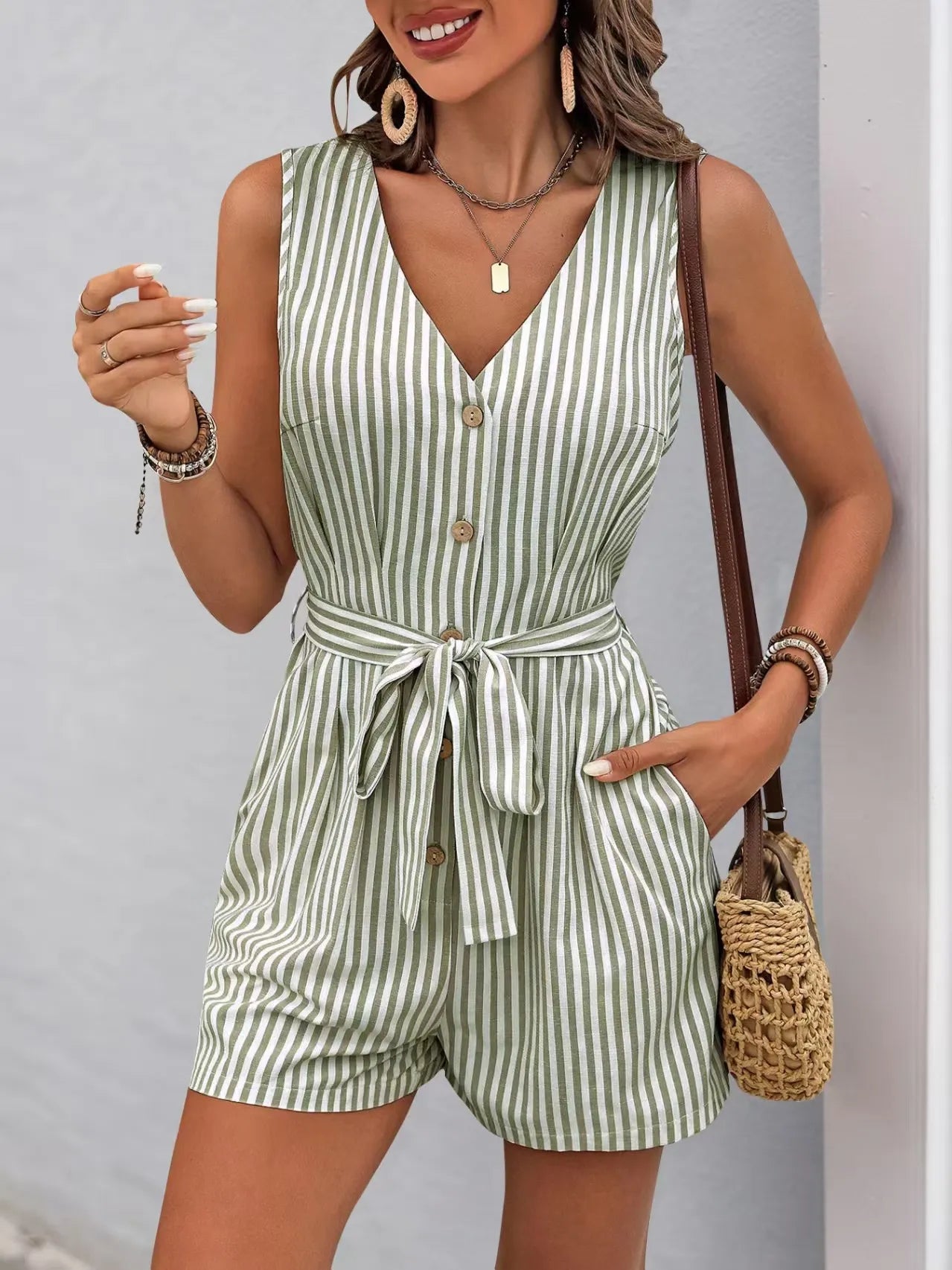 Striped V-neck Button Front Belted Romper - Tigbul's Variety Fashion Shop
