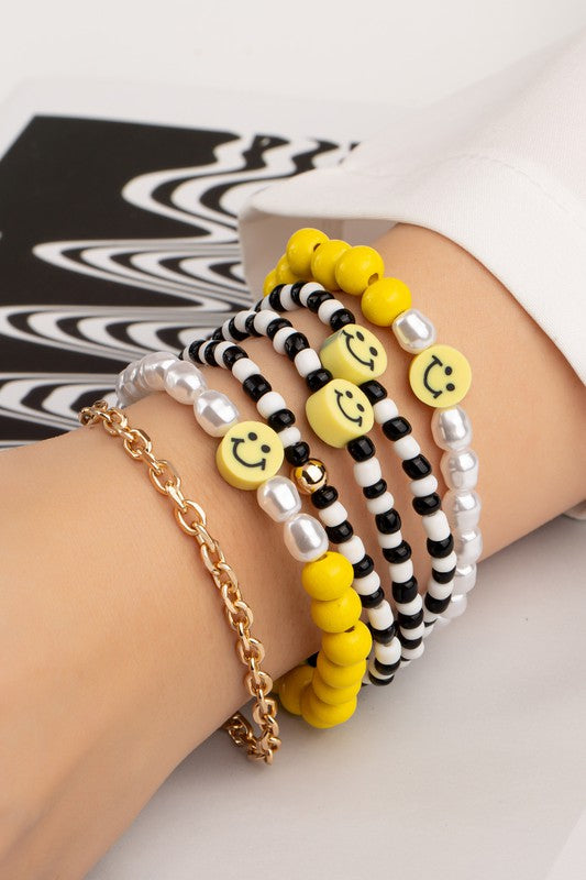 6 beaded bracelets set with polymer smiley face - Tigbul's Variety Fashion Shop
