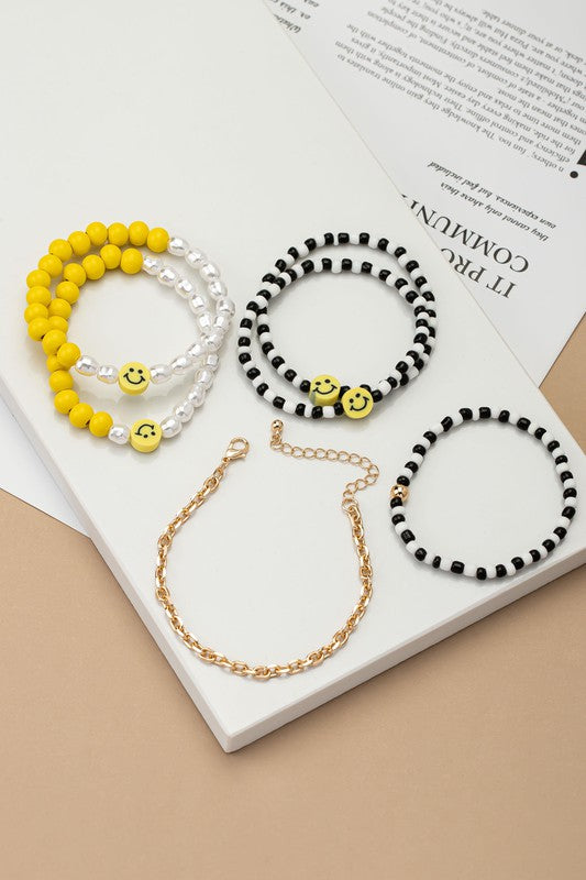 6 beaded bracelets set with polymer smiley face - Tigbul's Variety Fashion Shop