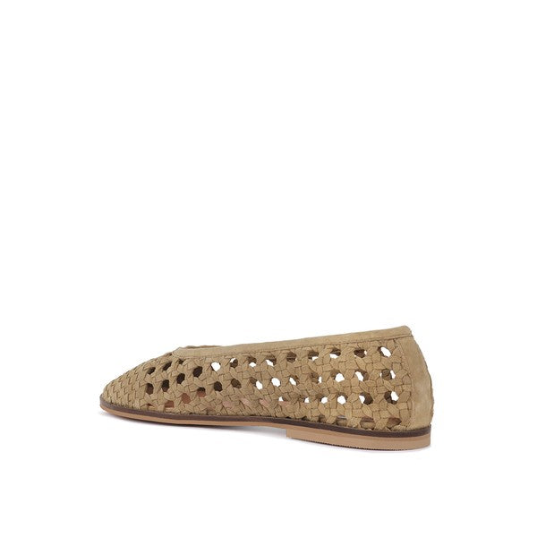Tan suede ballet flats, side view with perforated upper and low tan sole