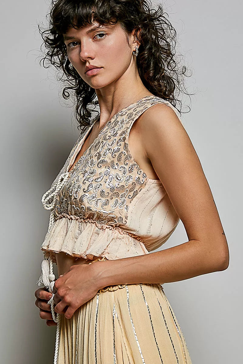 POL Shimmer Pattern Tie Front Tassel Ruffle Hem Sleeveless Crop Top | Tigbuls