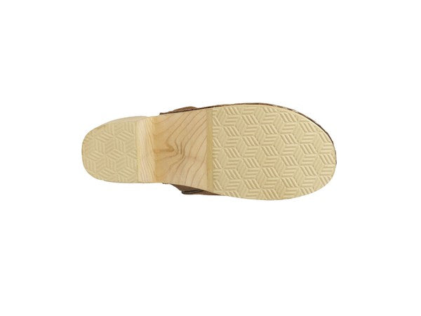 Sohle von Taupe Wildleder Clog mit beigem Profil und rutschhemmender Textur