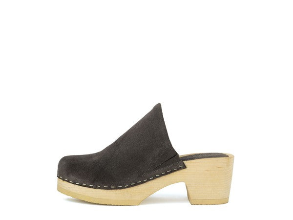 Darcie suede taupe clogs, angled side view with stitched upper and light platform