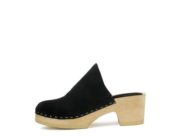 Darcie suede black clogs, front-side view with stitched strapless upper