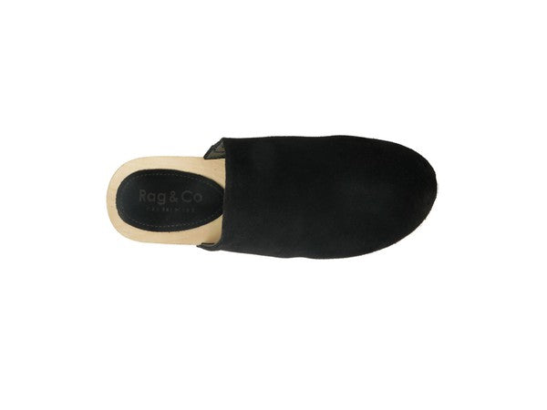 Darcie suede black clogs, insole side shows "Rag & Co" logo
