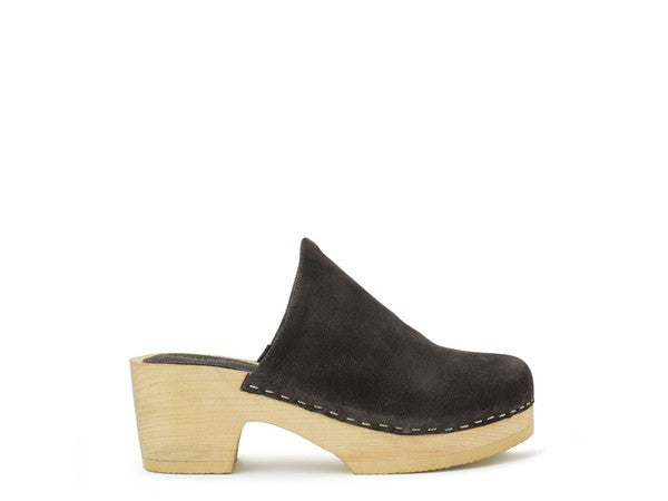 Darcie suede taupe clogs, side view mule with chunky platform and block heel