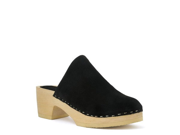 Darcie suede black clogs, open-back mule with chunky platform and block heel
