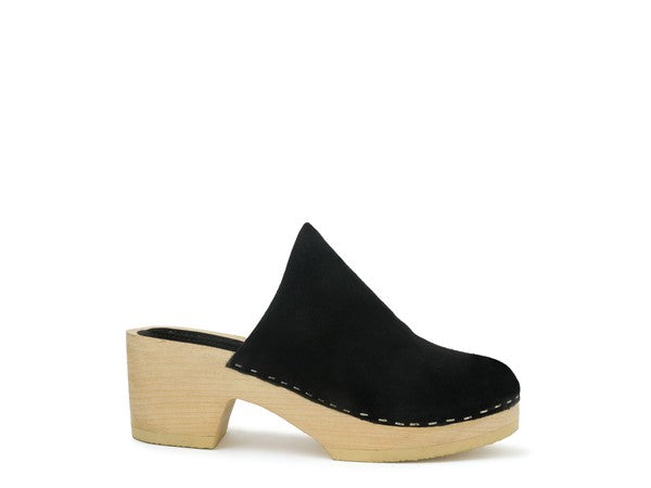 Darcie suede black clogs, side view mule with block heel and light platform