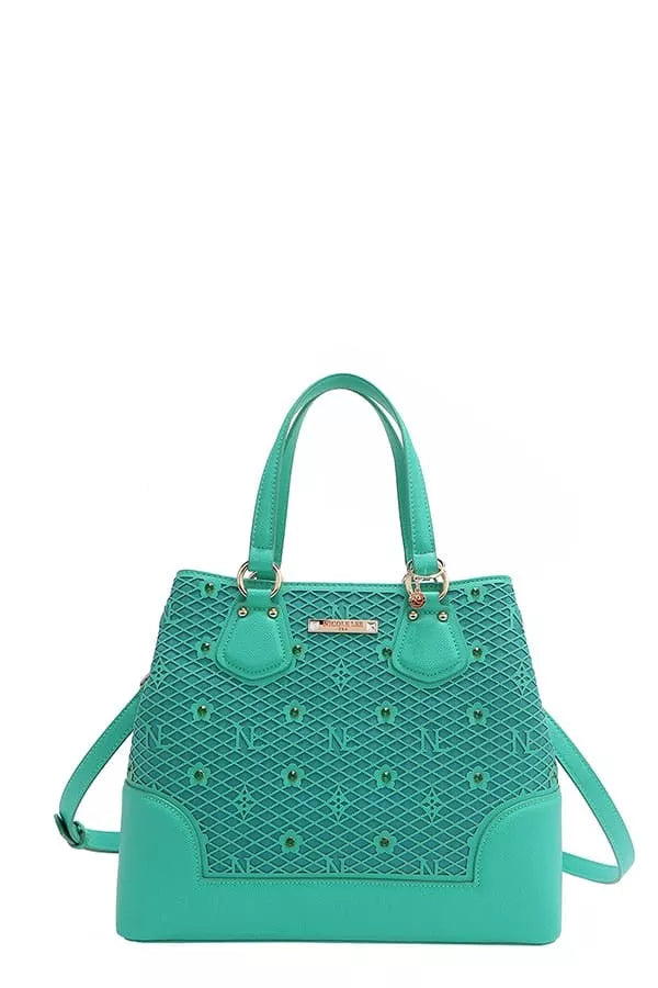Nicole Lee USA Monogram Pattern Handbag with Rhinestones Decor - Tigbul's Variety Fashion Shop