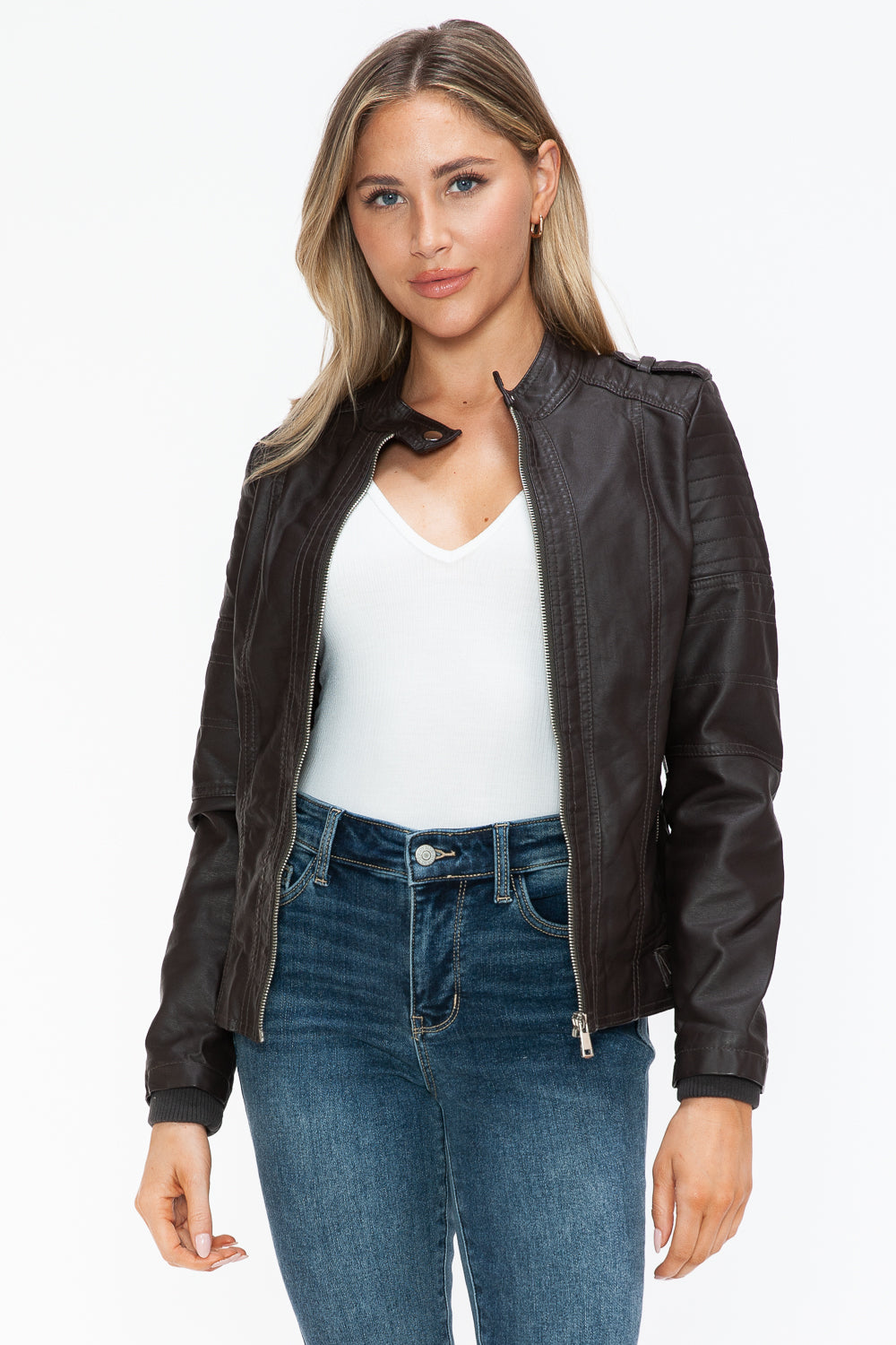 Brown PU Leather Biker Jacket with Side Zip Pockets