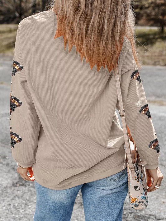 Gobble Corded Ribbed Thanksgiving Turkey Sequin Patched Sleeve Sweatshirt - Tigbul's Variety Fashion Shop