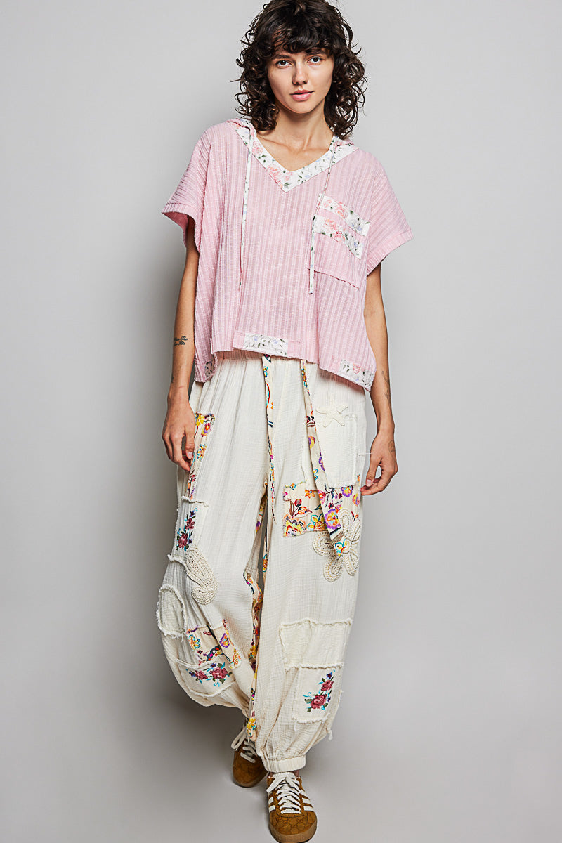 Soft Pink hooded short-sleeve top with drapey silhouette
