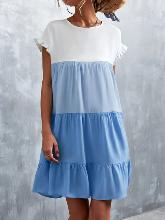 Color Block Round Neck Short Sleeve Dress - Tigbul's Variety Fashion Shop