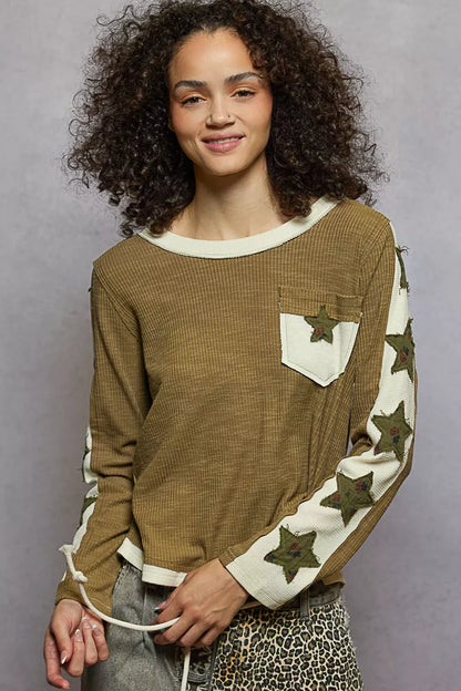 POL Round Neck Long Sleever T-Shirt with Star Patch - Tigbul's Variety Fashion Shop