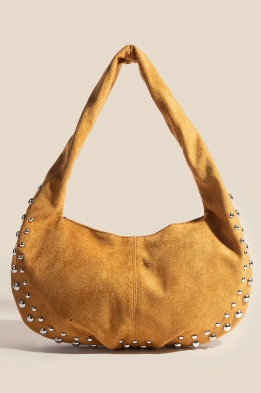 Metallic Studded Faux Suede Handbag - Tigbul's Variety Fashion Shop