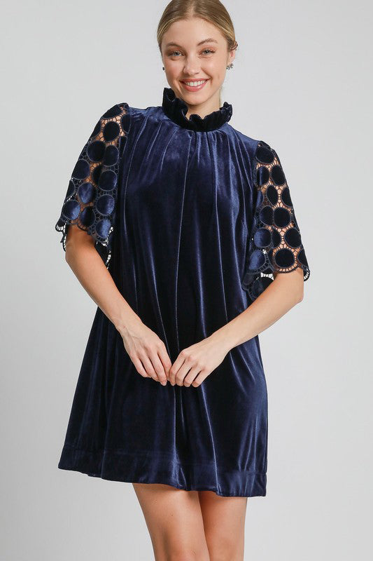 Umgee Dotted Lace Half Sleeve Mock Neck Back Tie Velvet Dress - Tigbul's Variety Fashion Shop