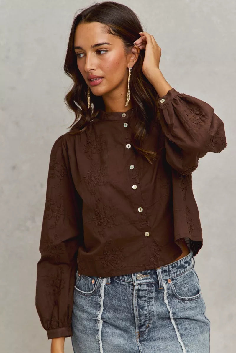 Dark brown 3D floral woven button shirt, high collar and voluminous sleeves